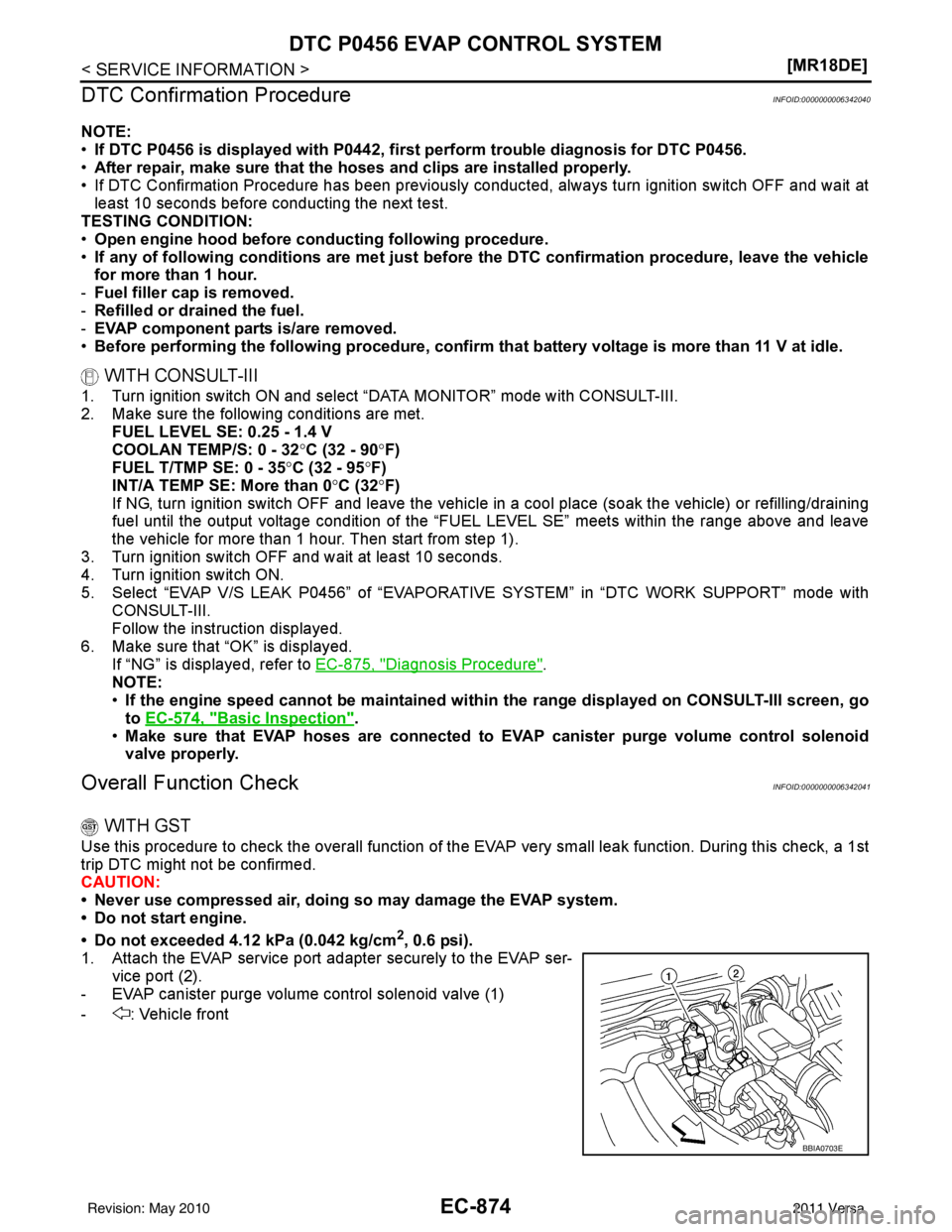 NISSAN LATIO 2011  Service Repair Manual EC-874
< SERVICE INFORMATION >[MR18DE]
DTC P0456 EVAP CONTROL SYSTEM
DTC Confirmation Procedure
INFOID:0000000006342040
NOTE:
• If DTC P0456 is displayed with P0442, firs t perform trouble diagnosis