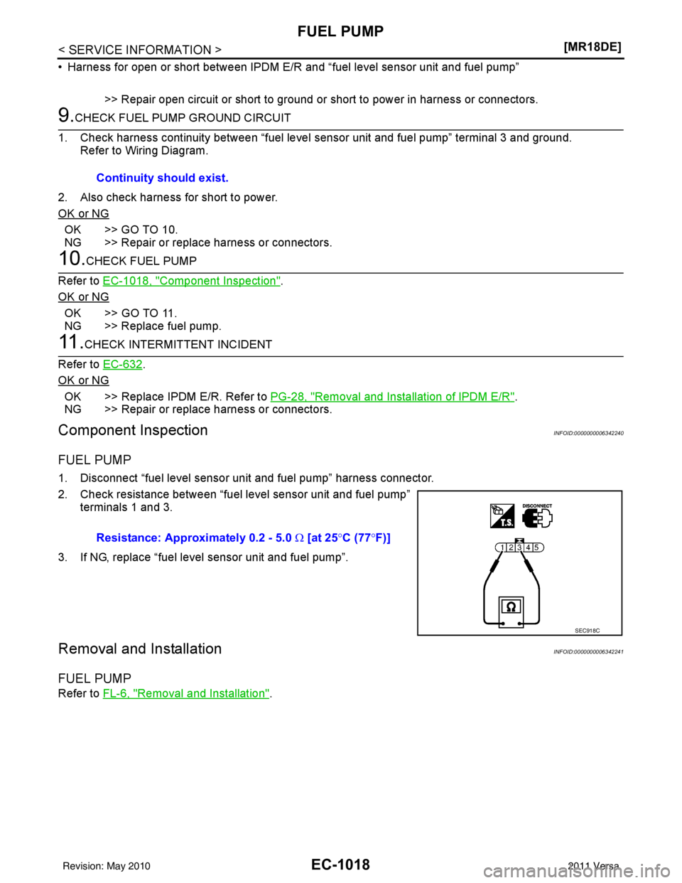 NISSAN LATIO 2011  Service Repair Manual EC-1018
< SERVICE INFORMATION >[MR18DE]
FUEL PUMP
• Harness for open or short between IPDM E/R 
and “fuel level sensor unit and fuel pump”
>> Repair open circuit or short to ground or short to p