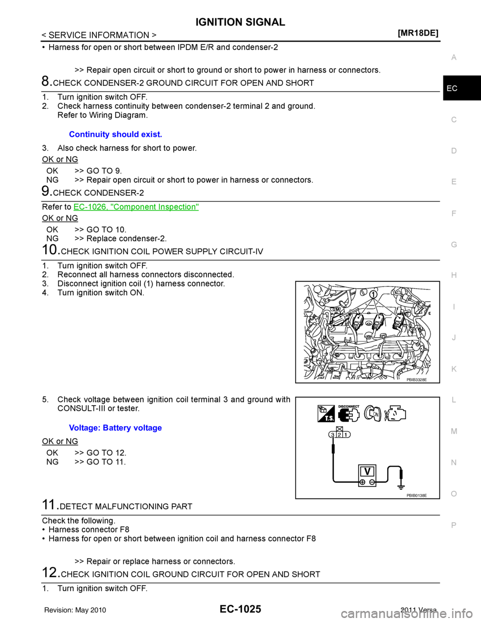 NISSAN LATIO 2011  Service Repair Manual IGNITION SIGNALEC-1025
< SERVICE INFORMATION > [MR18DE]
C
D
E
F
G H
I
J
K L
M A
EC
NP
O
• Harness for open or short between IPDM E/R and condenser-2
>> Repair open circuit or short to ground or shor