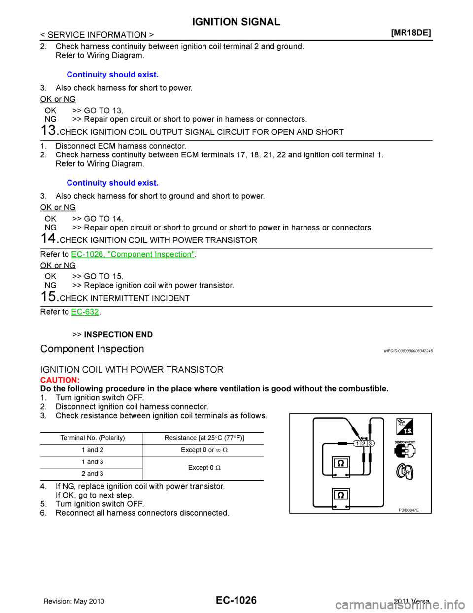 NISSAN LATIO 2011  Service Repair Manual EC-1026
< SERVICE INFORMATION >[MR18DE]
IGNITION SIGNAL
2. Check harness continuity between ignition coil terminal 2 and ground.
Refer to Wiring Diagram.
3. Also check harness for short to power.
OK o