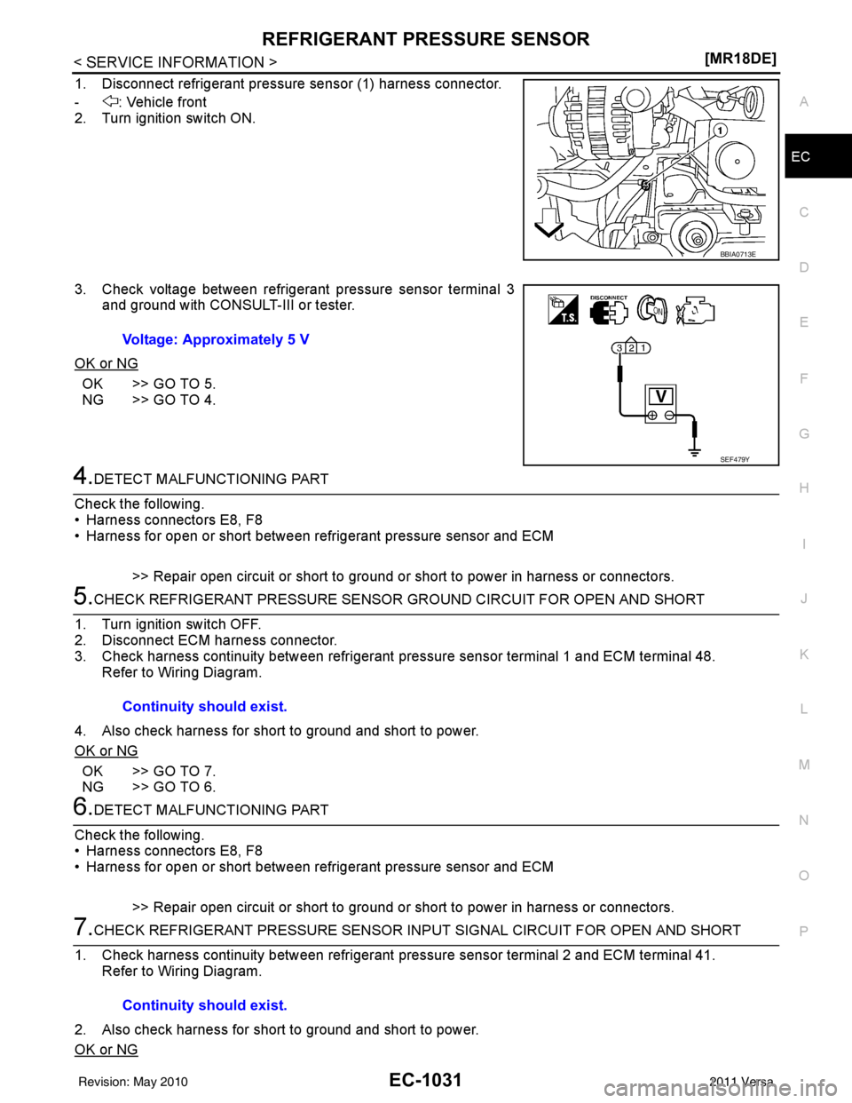 NISSAN LATIO 2011  Service Repair Manual REFRIGERANT PRESSURE SENSOREC-1031
< SERVICE INFORMATION > [MR18DE]
C
D
E
F
G H
I
J
K L
M A
EC
NP
O
1. Disconnect refrigerant pressure sensor (1) harness connector.
- : Vehicle front
2. Turn ignition 