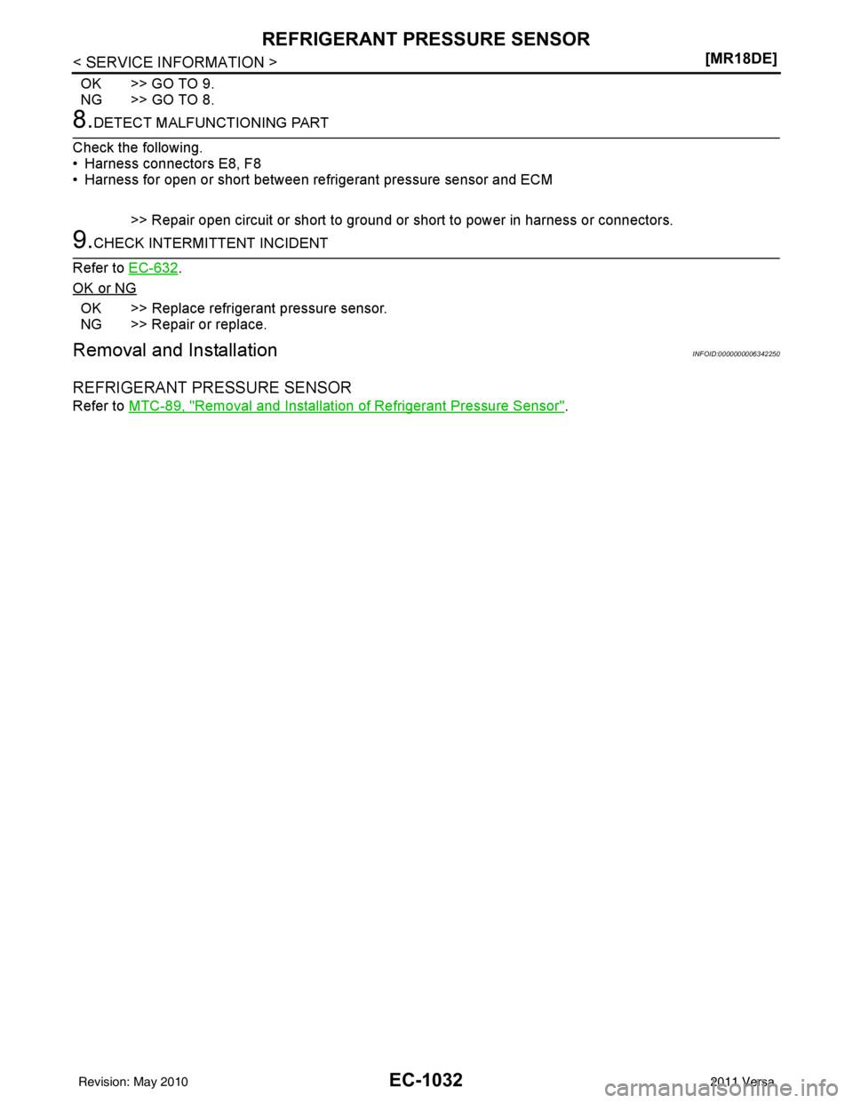 NISSAN LATIO 2011  Service Repair Manual EC-1032
< SERVICE INFORMATION >[MR18DE]
REFRIGERANT PRESSURE SENSOR
OK >> GO TO 9.
NG >> GO TO 8.
8.DETECT MALFUNCTIONING PART
Check the following.
• Harness connectors E8, F8
• Harness for open o