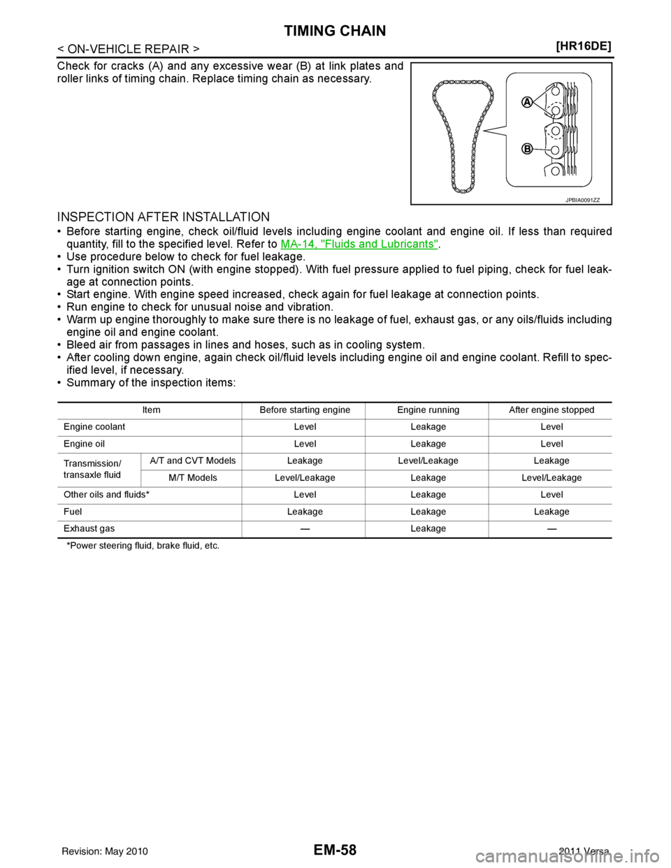 NISSAN LATIO 2011  Service Repair Manual EM-58
< ON-VEHICLE REPAIR >[HR16DE]
TIMING CHAIN
Check for cracks (A) and any excessive wear (B) at link plates and
roller links of timing chain. Replace timing chain as necessary.
INSPECTION AFTER IN