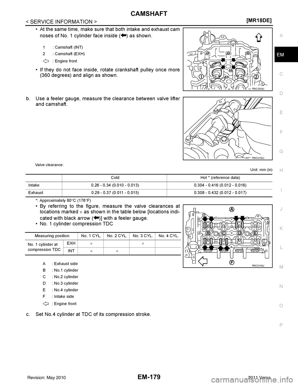 NISSAN LATIO 2011  Service Repair Manual CAMSHAFTEM-179
< SERVICE INFORMATION > [MR18DE]
C
D
E
F
G H
I
J
K L
M A
EM
NP
O
• At the same time, make sure that both intake and exhaust cam
noses of No. 1 cylinder face inside ( ) as shown.
• I