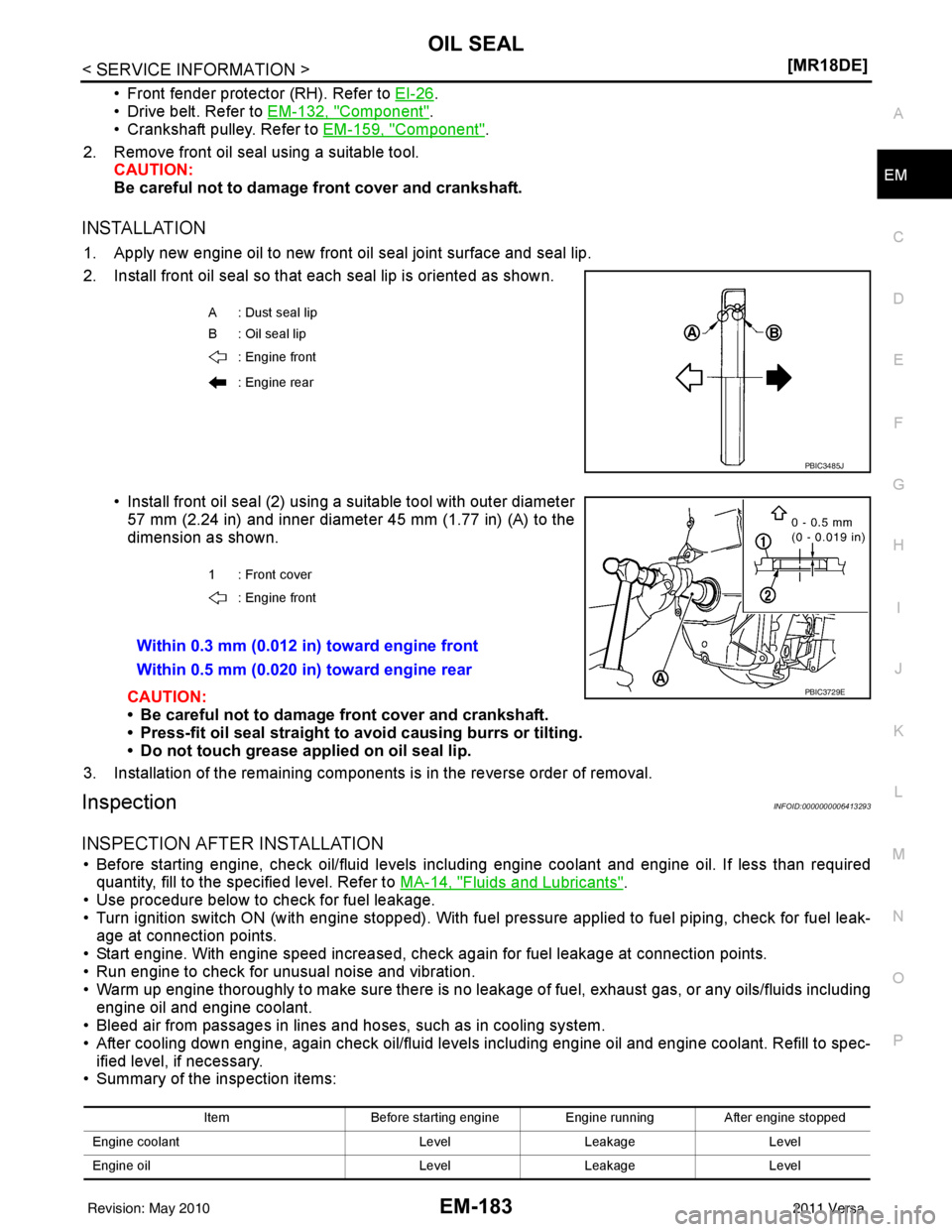 NISSAN LATIO 2011  Service Repair Manual OIL SEALEM-183
< SERVICE INFORMATION > [MR18DE]
C
D
E
F
G H
I
J
K L
M A
EM
NP
O
• Front fender protector (RH). Refer to EI-26.
• Drive belt. Refer to  EM-132, "
Component".
• Crankshaft pulley. 