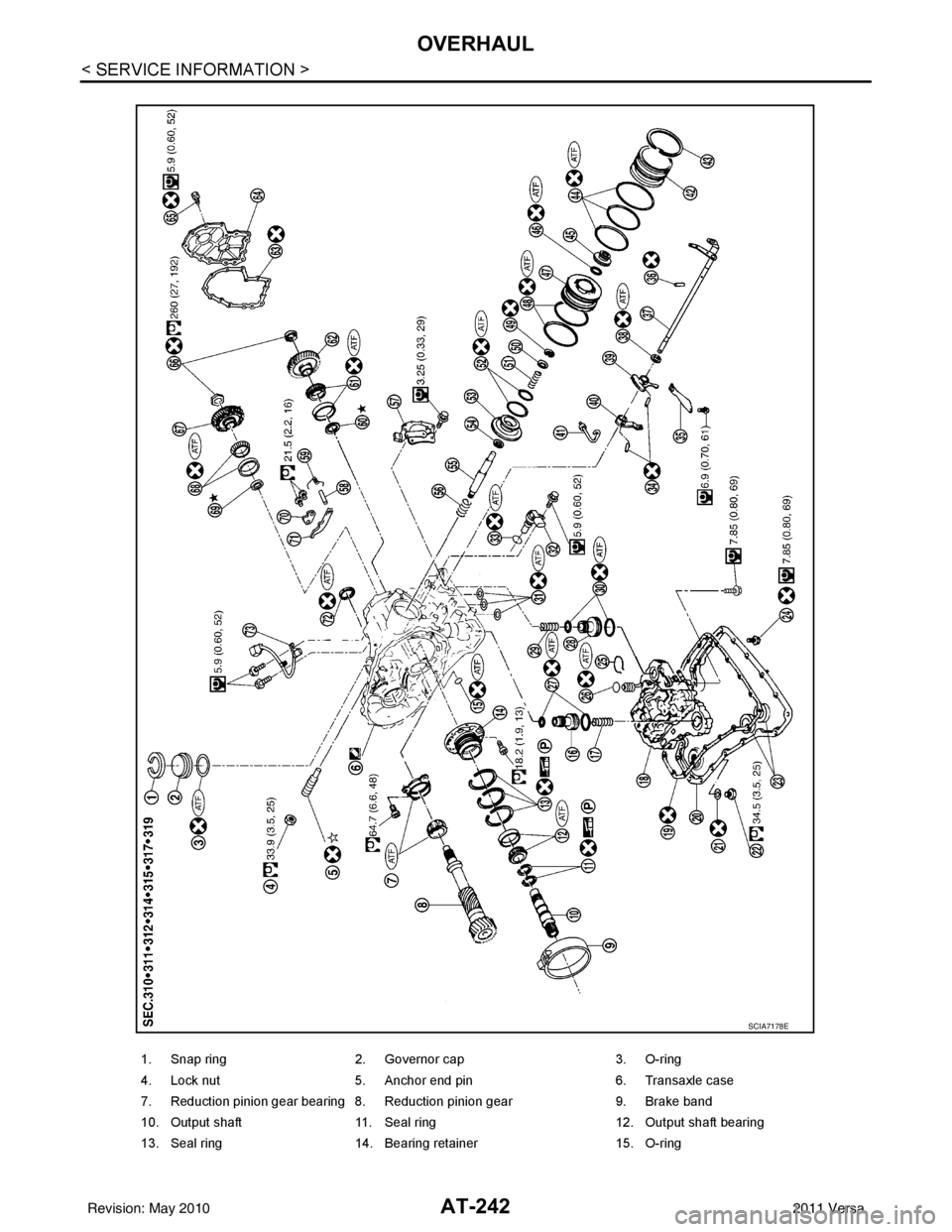 NISSAN LATIO 2011  Service Repair Manual AT-242
< SERVICE INFORMATION >
OVERHAUL
1. Snap ring2. Governor cap 3. O-ring
4. Lock nut 5. Anchor end pin 6. Transaxle case
7. Reduction pinion gear bearing 8. Reduction pinion gear 9. Brake band
10