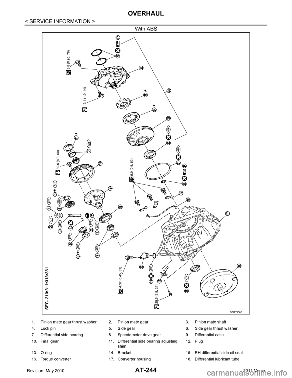 NISSAN LATIO 2011  Service Repair Manual AT-244
< SERVICE INFORMATION >
OVERHAUL
With ABS
SCIA7956E
1. Pinion mate gear thrust washer 2. Pinion mate gear3. Pinion mate shaft
4. Lock pin 5. Side gear 6. Side gear thrust washer
7. Differential