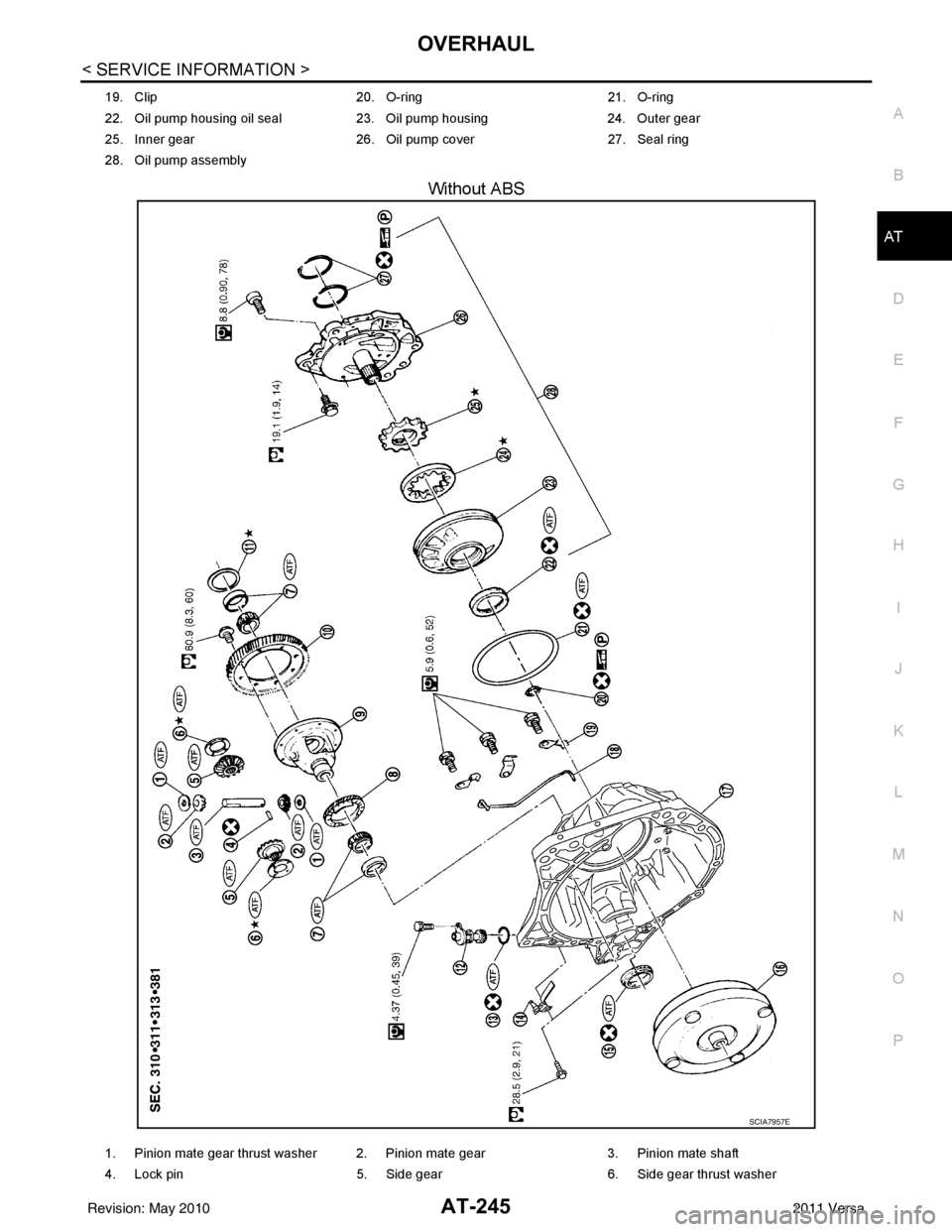 NISSAN LATIO 2011  Service Repair Manual OVERHAULAT-245
< SERVICE INFORMATION >
DE
F
G H
I
J
K L
M A
B
AT
N
O P
Without ABS
19. Clip 20. O-ring21. O-ring
22. Oil pump housing oil seal 23. Oil pump housing24. Outer gear
25. Inner gear 26. Oil