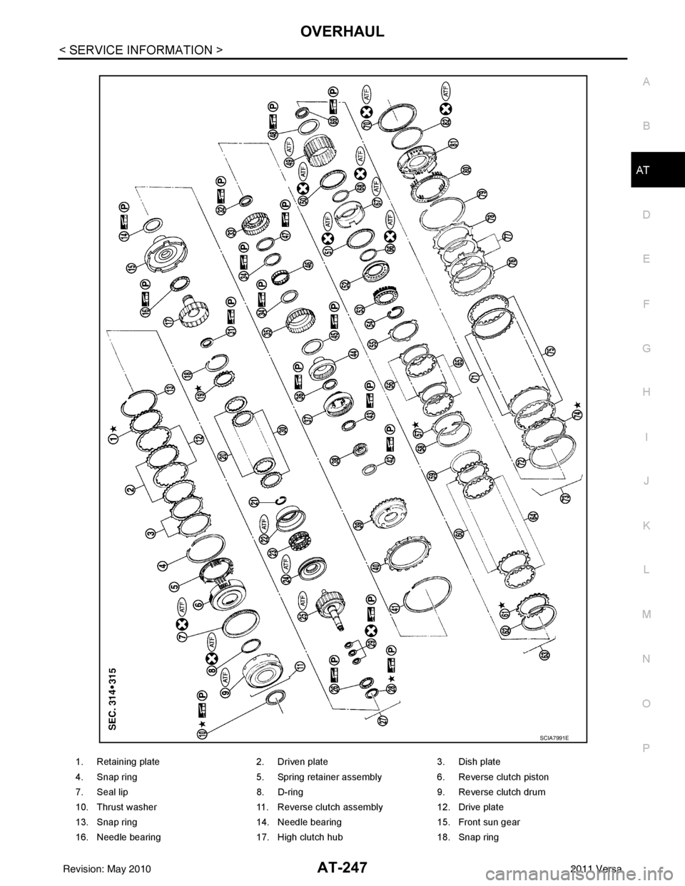 NISSAN LATIO 2011  Service Repair Manual OVERHAULAT-247
< SERVICE INFORMATION >
DE
F
G H
I
J
K L
M A
B
AT
N
O P
1. Retaining plate 2. Driven plate3. Dish plate
4. Snap ring 5. Spring retainer assembly6. Reverse clutch piston
7. Seal lip 8. D