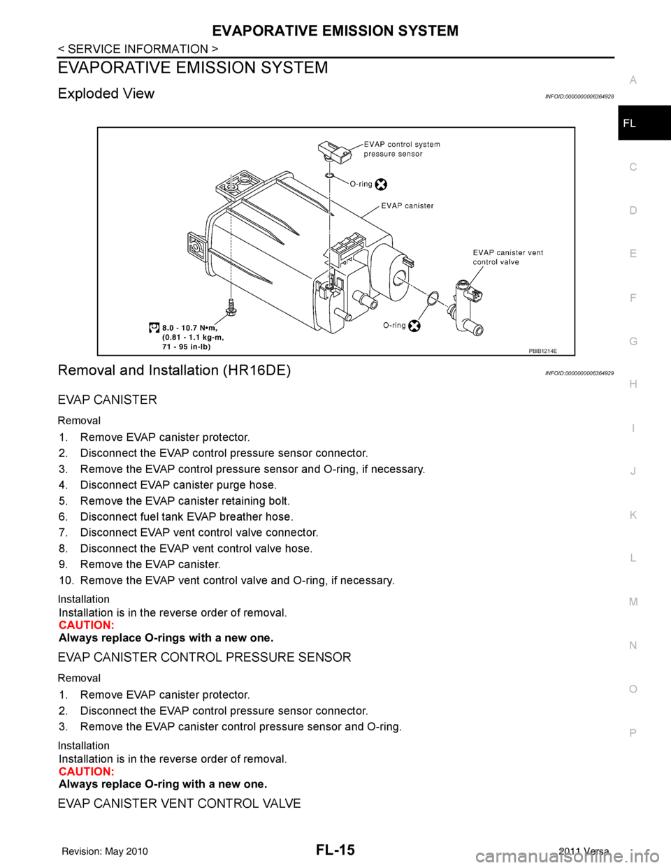 NISSAN LATIO 2011  Service Repair Manual EVAPORATIVE EMISSION SYSTEMFL-15
< SERVICE INFORMATION >
C
DE
F
G H
I
J
K L
M A
FL
NP
O
EVAPORATIVE EMISSION SYSTEM
Exploded ViewINFOID:0000000006364928
Removal and Installation (HR16DE)INFOID:0000000