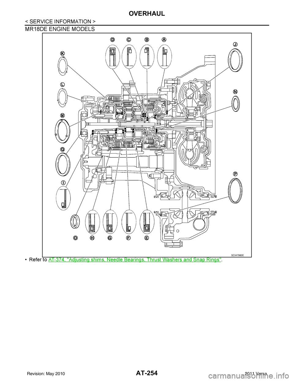 NISSAN LATIO 2011  Service Repair Manual AT-254
< SERVICE INFORMATION >
OVERHAUL
MR18DE ENGINE MODELS
• Refer to AT-374, "Adjusting shims, Needle Bearings, Thrust Washers and Snap Rings".
SCIA7960E
Revision: May 2010 2011 Versa 