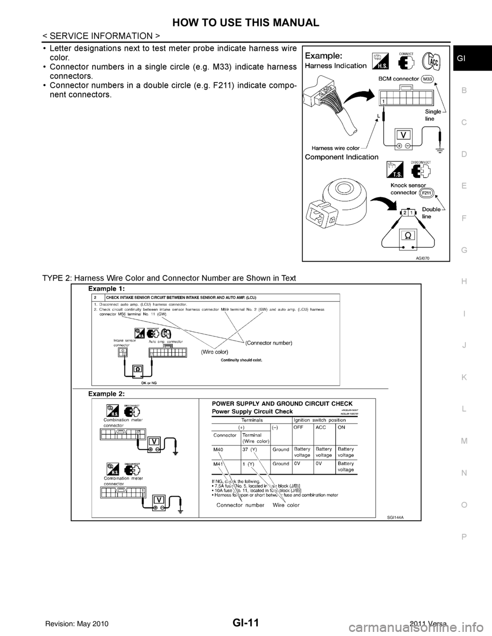 NISSAN LATIO 2011  Service Repair Manual HOW TO USE THIS MANUALGI-11
< SERVICE INFORMATION >
C
DE
F
G H
I
J
K L
M B
GI
N
O P
• Letter designations next to test meter probe indicate harness wire color.
• Connector numbers in a single circ