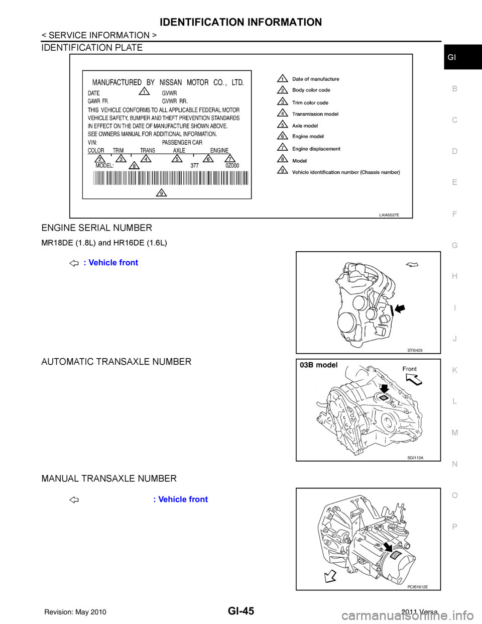 NISSAN LATIO 2011  Service Repair Manual IDENTIFICATION INFORMATIONGI-45
< SERVICE INFORMATION >
C
DE
F
G H
I
J
K L
M B
GI
N
O P
IDENTIFICATION PLATE 
ENGINE SERIAL NUMBER 
MR18DE (1.8L) and HR16DE (1.6L)
AUTOMATIC TRANSAXLE NUMBER 
MANUAL T