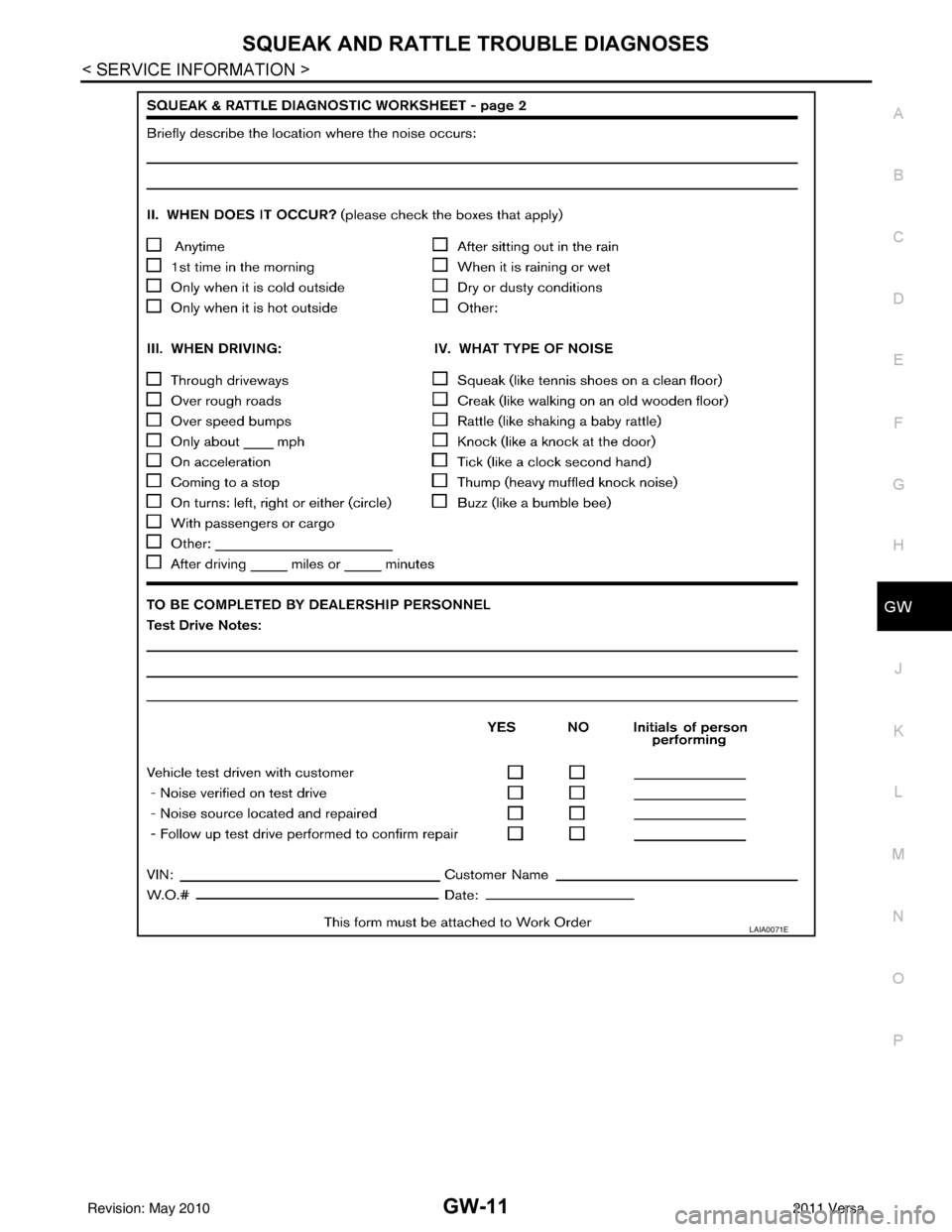 NISSAN LATIO 2011  Service Repair Manual SQUEAK AND RATTLE TROUBLE DIAGNOSESGW-11
< SERVICE INFORMATION >
C
DE
F
G H
J
K L
M A
B
GW
N
O P
LAIA0071E
Revision: May 2010 2011 Versa 