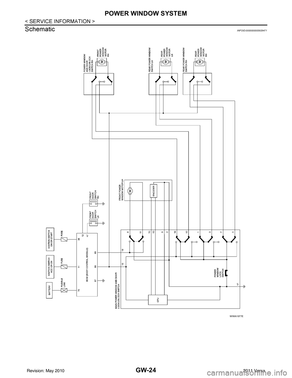 NISSAN LATIO 2011  Service Repair Manual GW-24
< SERVICE INFORMATION >
POWER WINDOW SYSTEM
Schematic
INFOID:0000000005929471
WIWA1977E
Revision: May 2010 2011 Versa 