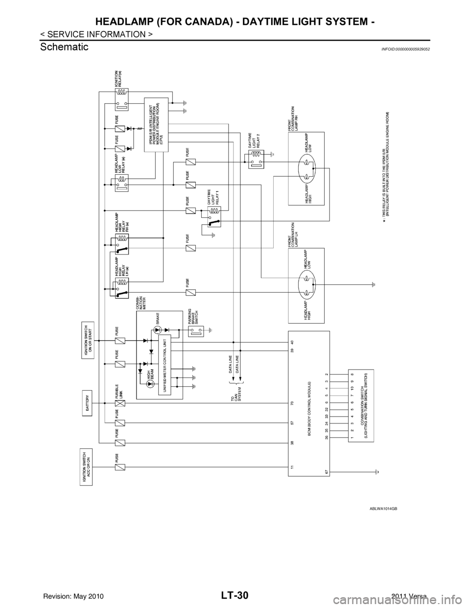 NISSAN LATIO 2011  Service Repair Manual LT-30
< SERVICE INFORMATION >
HEADLAMP (FOR CANADA) - DAYTIME LIGHT SYSTEM -
Schematic
INFOID:0000000005929052
ABLWA1014GB
Revision: May 2010 2011 Versa 