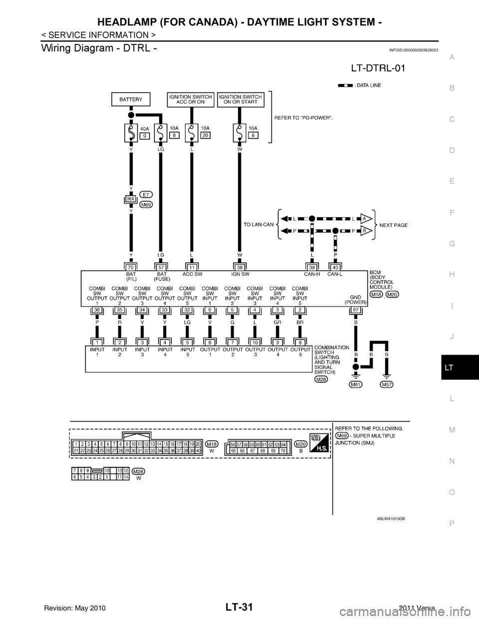 NISSAN LATIO 2011  Service Repair Manual HEADLAMP (FOR CANADA) - DAYTIME LIGHT SYSTEM -
LT-31
< SERVICE INFORMATION >
C
D E
F
G H
I
J
L
M A
B
LT
N
O P
Wiring Diagram - DTRL -INFOID:0000000005929053
ABLWA1015GB
Revision: May 2010 2011 Versa 