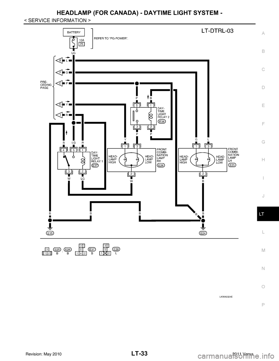 NISSAN LATIO 2011  Service Repair Manual HEADLAMP (FOR CANADA) - DAYTIME LIGHT SYSTEM -
LT-33
< SERVICE INFORMATION >
C
D E
F
G H
I
J
L
M A
B
LT
N
O P
LKWA0324E
Revision: May 2010 2011 Versa 