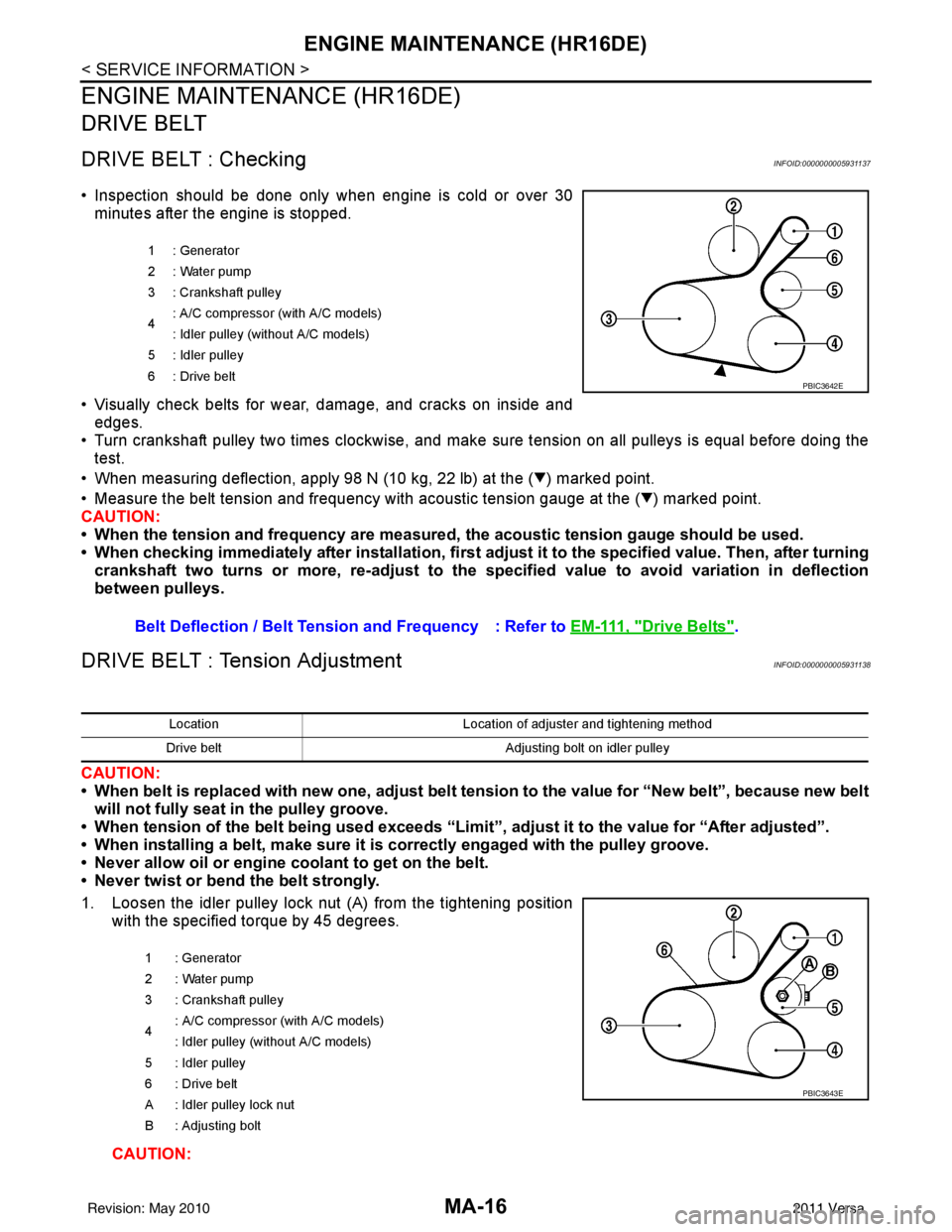 NISSAN LATIO 2011  Service Repair Manual MA-16
< SERVICE INFORMATION >
ENGINE MAINTENANCE (HR16DE)
ENGINE MAINTENANCE (HR16DE)
DRIVE BELT
DRIVE BELT : CheckingINFOID:0000000005931137
• Inspection should be done only when engine is cold or 