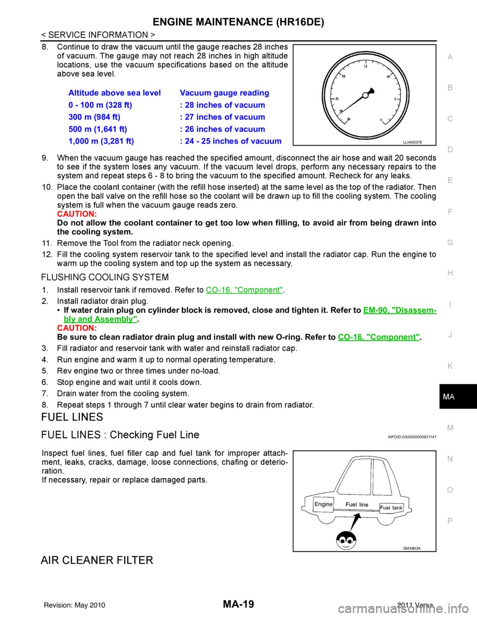 NISSAN LATIO 2011  Service Repair Manual ENGINE MAINTENANCE (HR16DE)MA-19
< SERVICE INFORMATION >
C
DE
F
G H
I
J
K
M A
B
MA
N
O P
8. Continue to draw the vacuum until the gauge reaches 28 inches of vacuum. The gauge may not reach 28 inches i