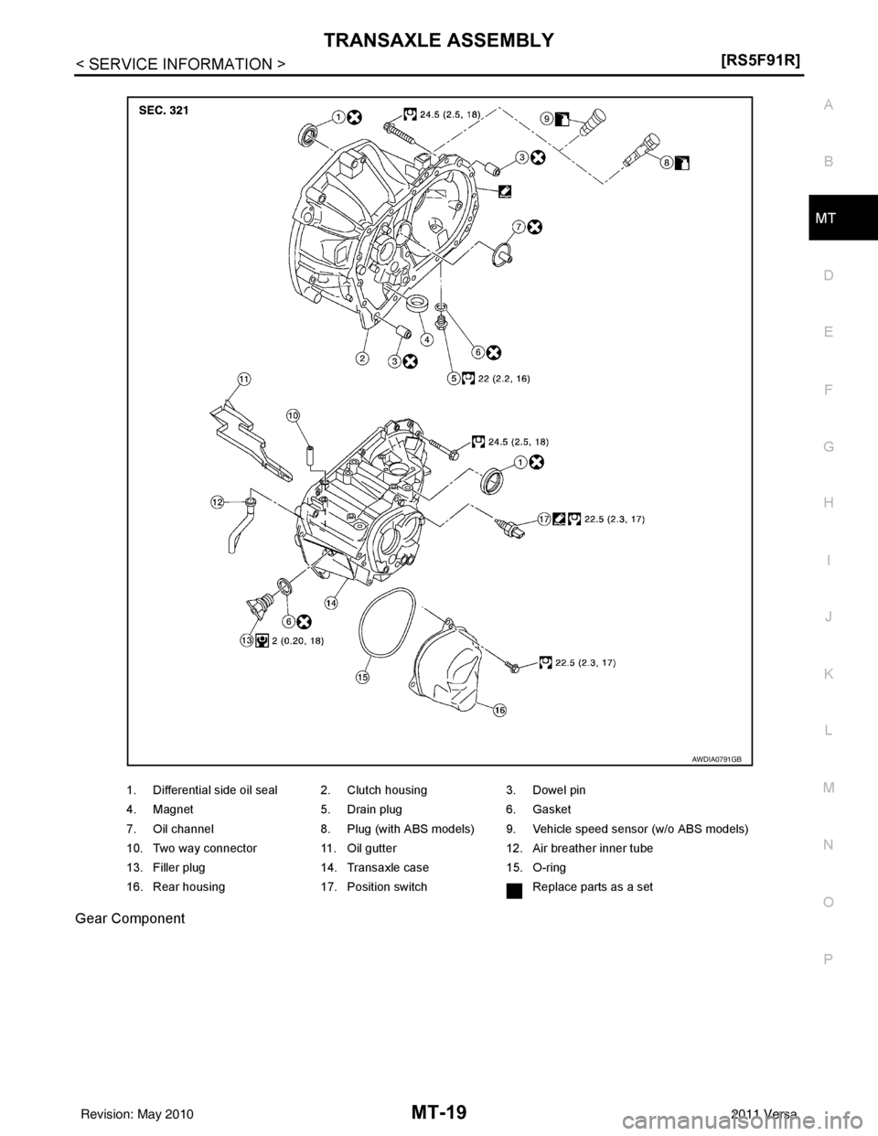 NISSAN LATIO 2011  Service Repair Manual TRANSAXLE ASSEMBLYMT-19
< SERVICE INFORMATION > [RS5F91R]
D
E
F
G H
I
J
K L
M A
B
MT
N
O P
Gear Component
1. Differential side oil seal 2. Clutch housing
3. Dowel pin
4. Magnet 5. Drain plug6. Gasket
