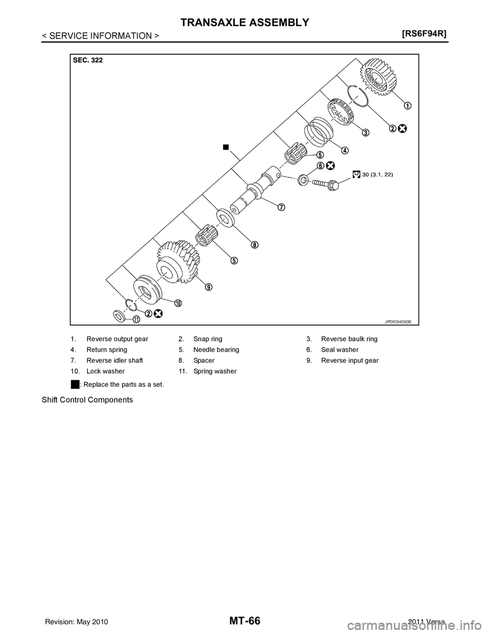 NISSAN LATIO 2011  Service Repair Manual MT-66
< SERVICE INFORMATION >[RS6F94R]
TRANSAXLE ASSEMBLY
Shift Control Components
1. Reverse output gear 2. Snap ring
3. Reverse baulk ring
4. Return spring 5. Needle bearing 6. Seal washer
7. Revers