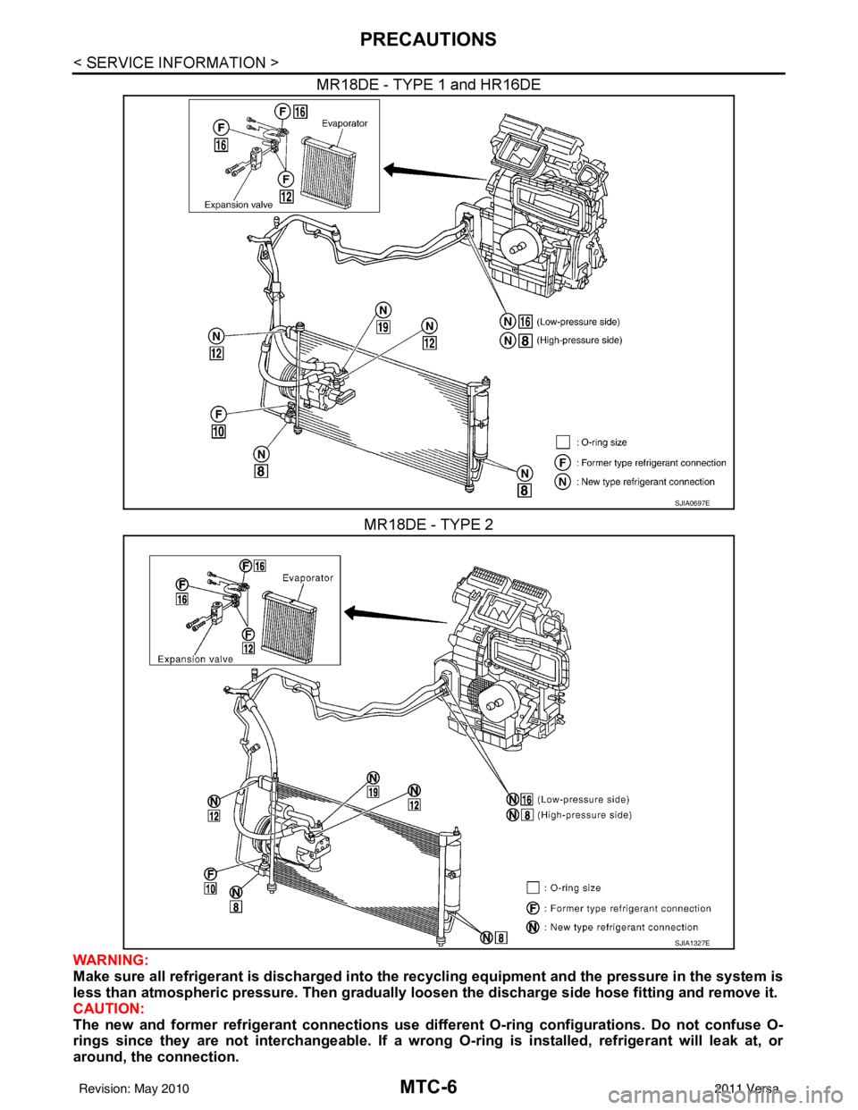 NISSAN LATIO 2011  Service Repair Manual MTC-6
< SERVICE INFORMATION >
PRECAUTIONS
MR18DE - TYPE 1 and HR16DEMR18DE - TYPE 2
WARNING:
Make sure all refrigerant is discharged into the  recycling equipment and the pressure in the system is
les