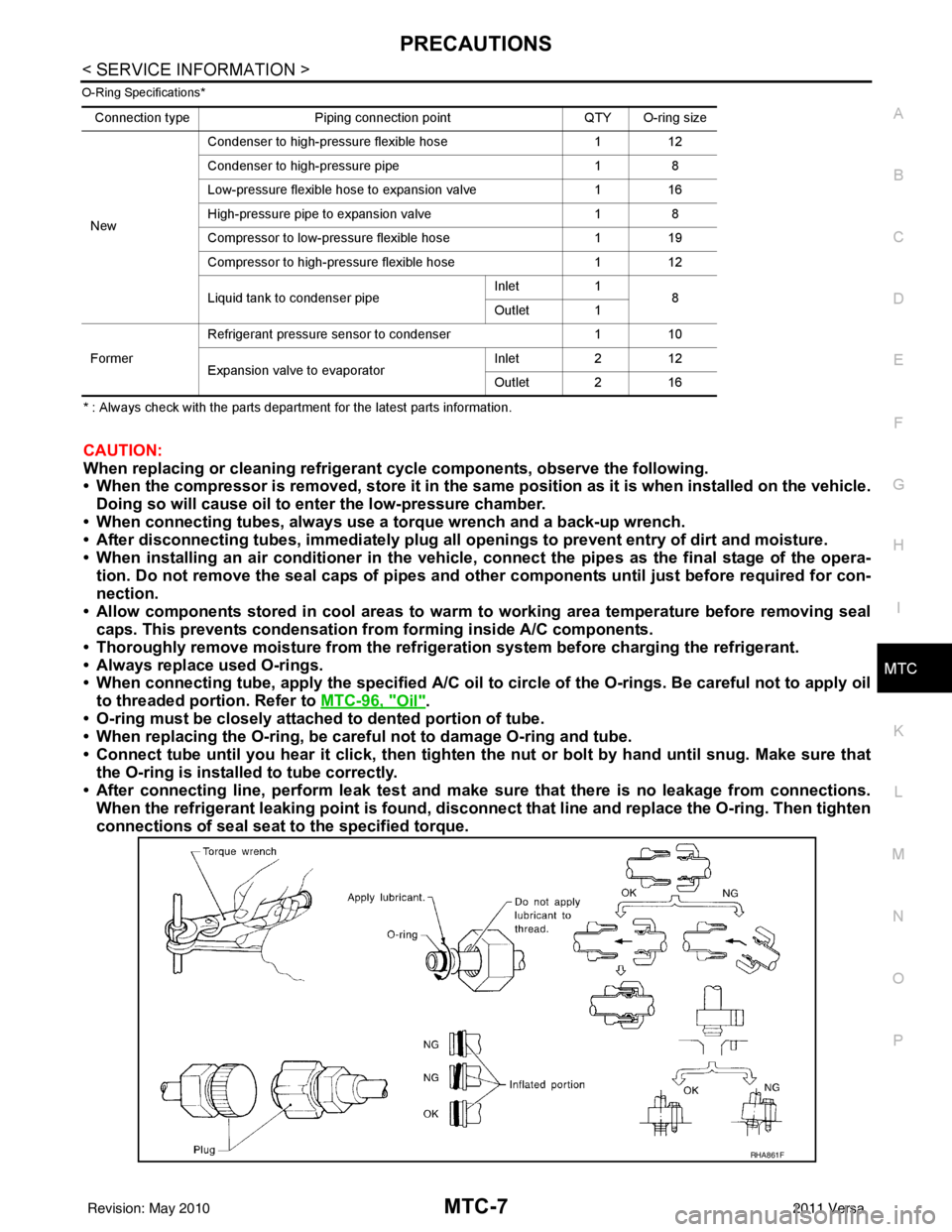 NISSAN LATIO 2011  Service Repair Manual PRECAUTIONSMTC-7
< SERVICE INFORMATION >
C
DE
F
G H
I
K L
M A
B
MTC
N
O P
O-Ring Specifications*
* : Always check with the parts department for the latest parts information.
CAUTION:
When replacing or
