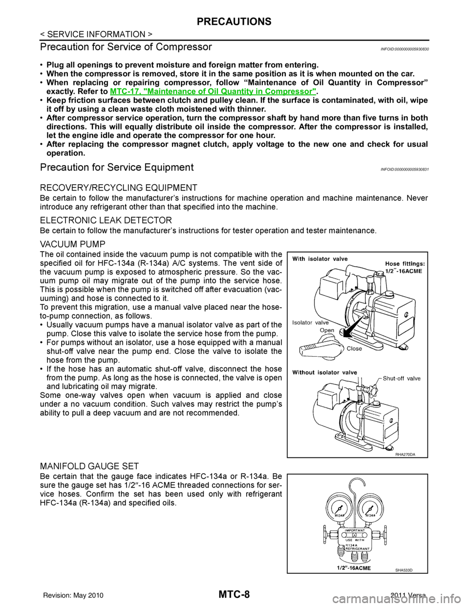 NISSAN LATIO 2011  Service Repair Manual MTC-8
< SERVICE INFORMATION >
PRECAUTIONS
Precaution for Service of Compressor
INFOID:0000000005930830
• Plug all openings  to prevent moisture and foreign matter from entering.
• When the compres