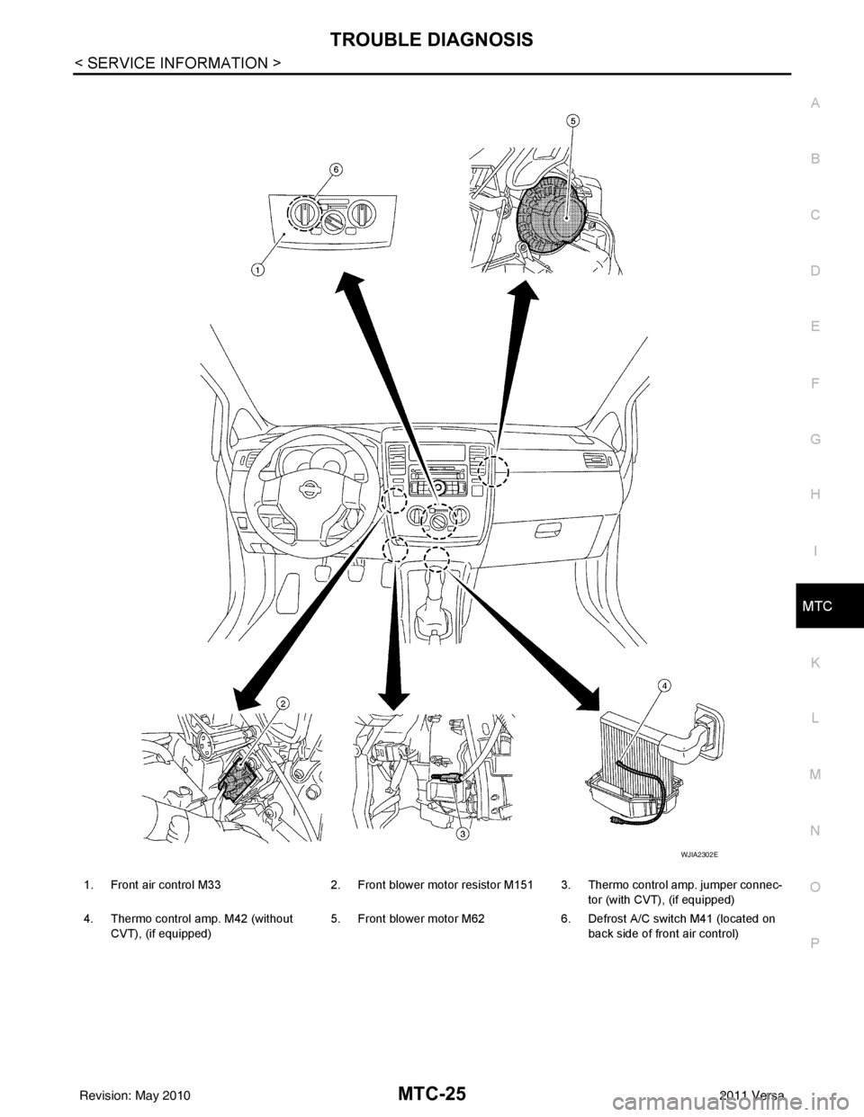 NISSAN LATIO 2011  Service Repair Manual TROUBLE DIAGNOSISMTC-25
< SERVICE INFORMATION >
C
DE
F
G H
I
K L
M A
B
MTC
N
O P
1. Front air control M33 2. Front blower motor resistor M151 3. Thermo control amp. jumper connec-
tor (with CVT), (if 