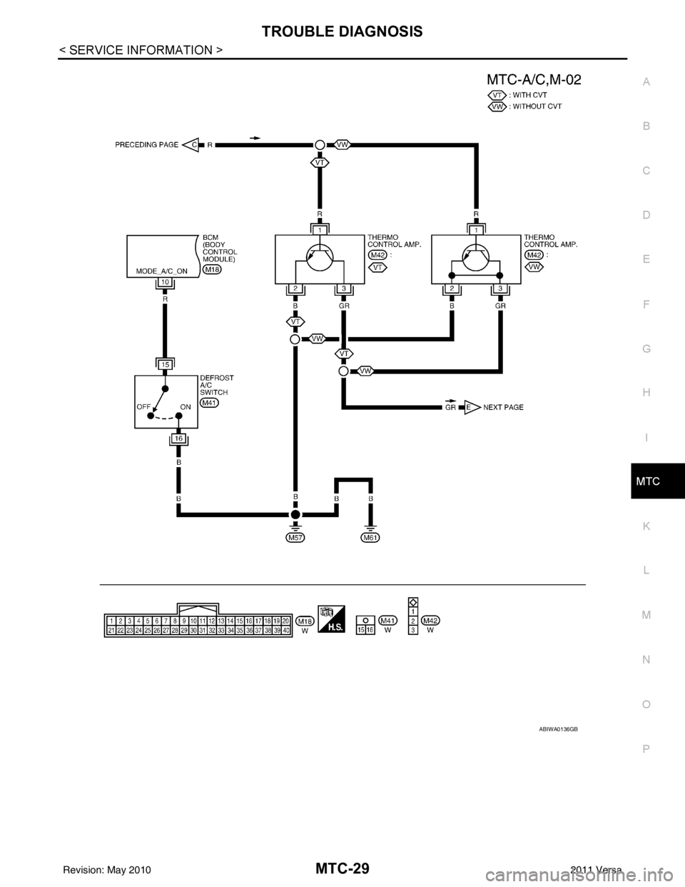 NISSAN LATIO 2011  Service Repair Manual TROUBLE DIAGNOSISMTC-29
< SERVICE INFORMATION >
C
DE
F
G H
I
K L
M A
B
MTC
N
O P
ABIWA0136GB
Revision: May 2010 2011 Versa 