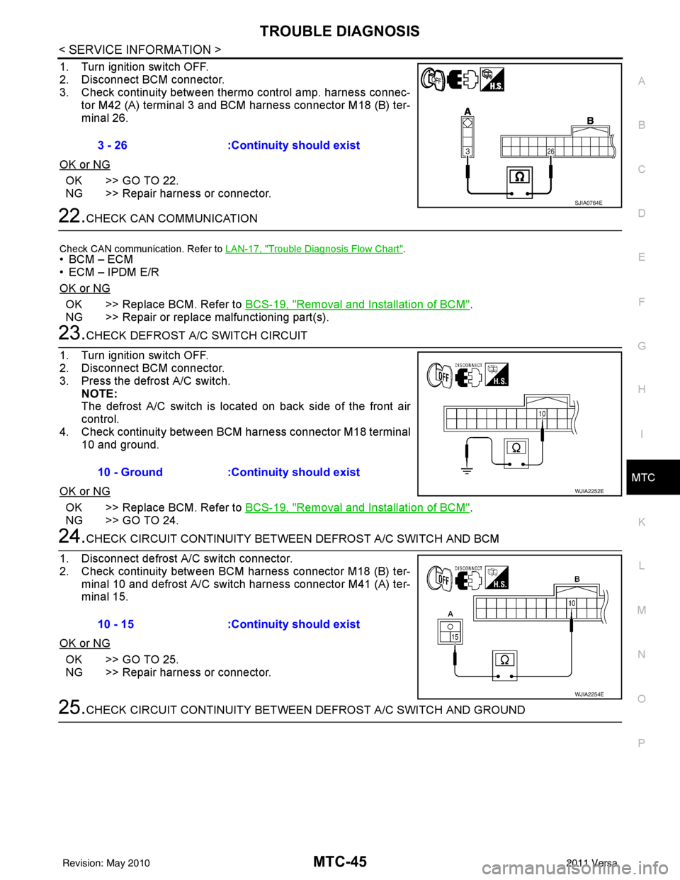 NISSAN LATIO 2011  Service Repair Manual TROUBLE DIAGNOSISMTC-45
< SERVICE INFORMATION >
C
DE
F
G H
I
K L
M A
B
MTC
N
O P
1. Turn ignition switch OFF.
2. Disconnect BCM connector.
3. Check continuity between thermo control amp. harness conne