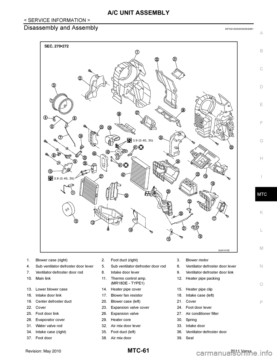 NISSAN LATIO 2011  Service Repair Manual A/C UNIT ASSEMBLYMTC-61
< SERVICE INFORMATION >
C
DE
F
G H
I
K L
M A
B
MTC
N
O P
Disassembly and AssemblyINFOID:0000000005930861
1. Blower case (right) 2. Foot duct (right) 3. Blower motor
4. Sub vent