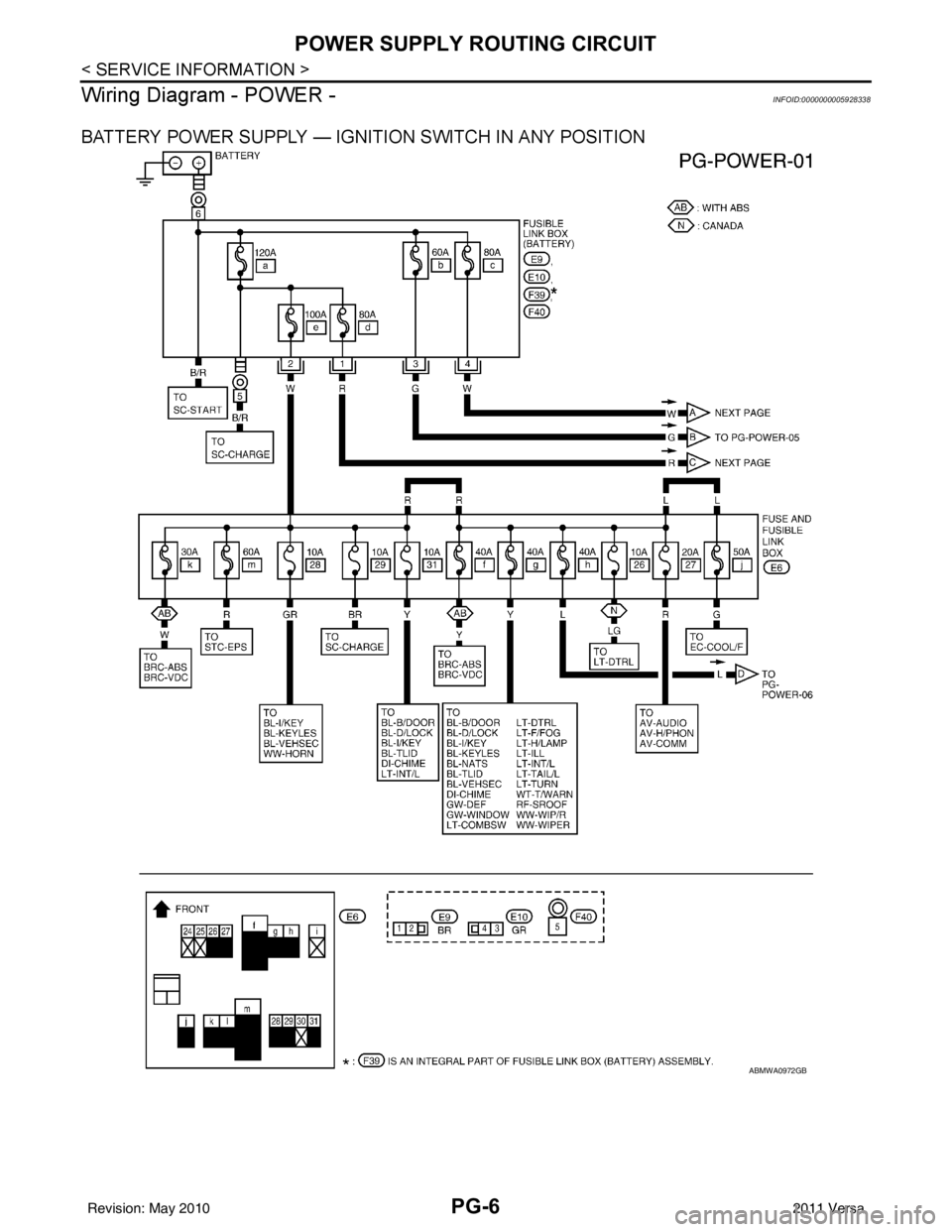 NISSAN LATIO 2011  Service Repair Manual PG-6
< SERVICE INFORMATION >
POWER SUPPLY ROUTING CIRCUIT
Wiring Diagram - POWER -
INFOID:0000000005928338
BATTERY POWER SUPPLY — IGNITION SWITCH IN ANY POSITION
ABMWA0972GB
Revision: May 2010 2011 