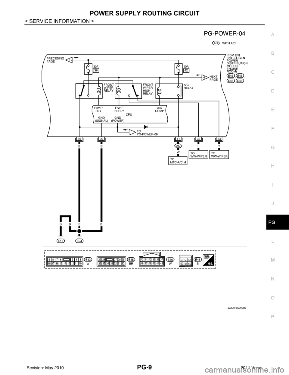 NISSAN LATIO 2011  Service Repair Manual POWER SUPPLY ROUTING CIRCUITPG-9
< SERVICE INFORMATION >
C
DE
F
G H
I
J
L
M A
B
PG
N
O P
AWMWA0066GB
Revision: May 2010 2011 Versa 