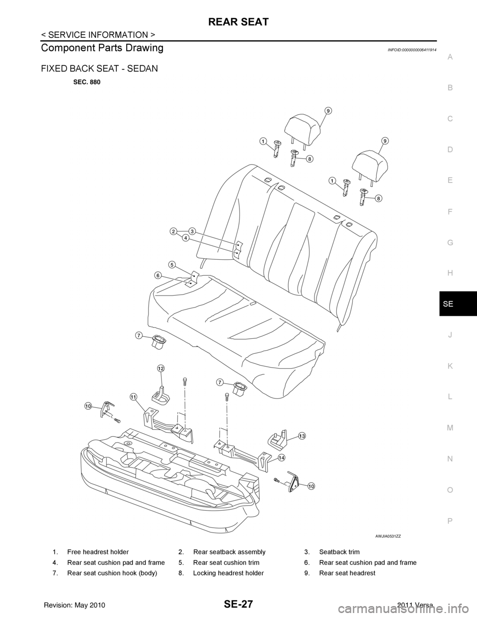 NISSAN LATIO 2011  Service Repair Manual REAR SEATSE-27
< SERVICE INFORMATION >
C
DE
F
G H
J
K L
M A
B
SE
N
O P
Component Parts DrawingINFOID:0000000006411914
FIXED BACK SEAT - SEDAN
AWJIA0531ZZ
1. Free headrest holder 2. Rear seatback assem
