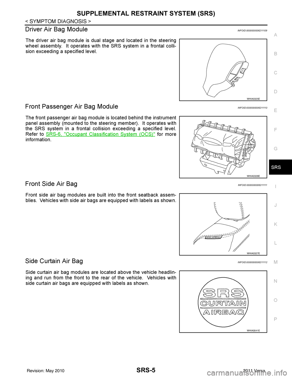 NISSAN LATIO 2011  Service Repair Manual SUPPLEMENTAL RESTRAINT SYSTEM (SRS)SRS-5
< SYMPTOM DIAGNOSIS >
C
DE
F
G
I
J
K L
M A
B
SRS
N
O P
Driver Air Bag ModuleINFOID:0000000006211109
The driver air bag module is dual stage and located in the 
