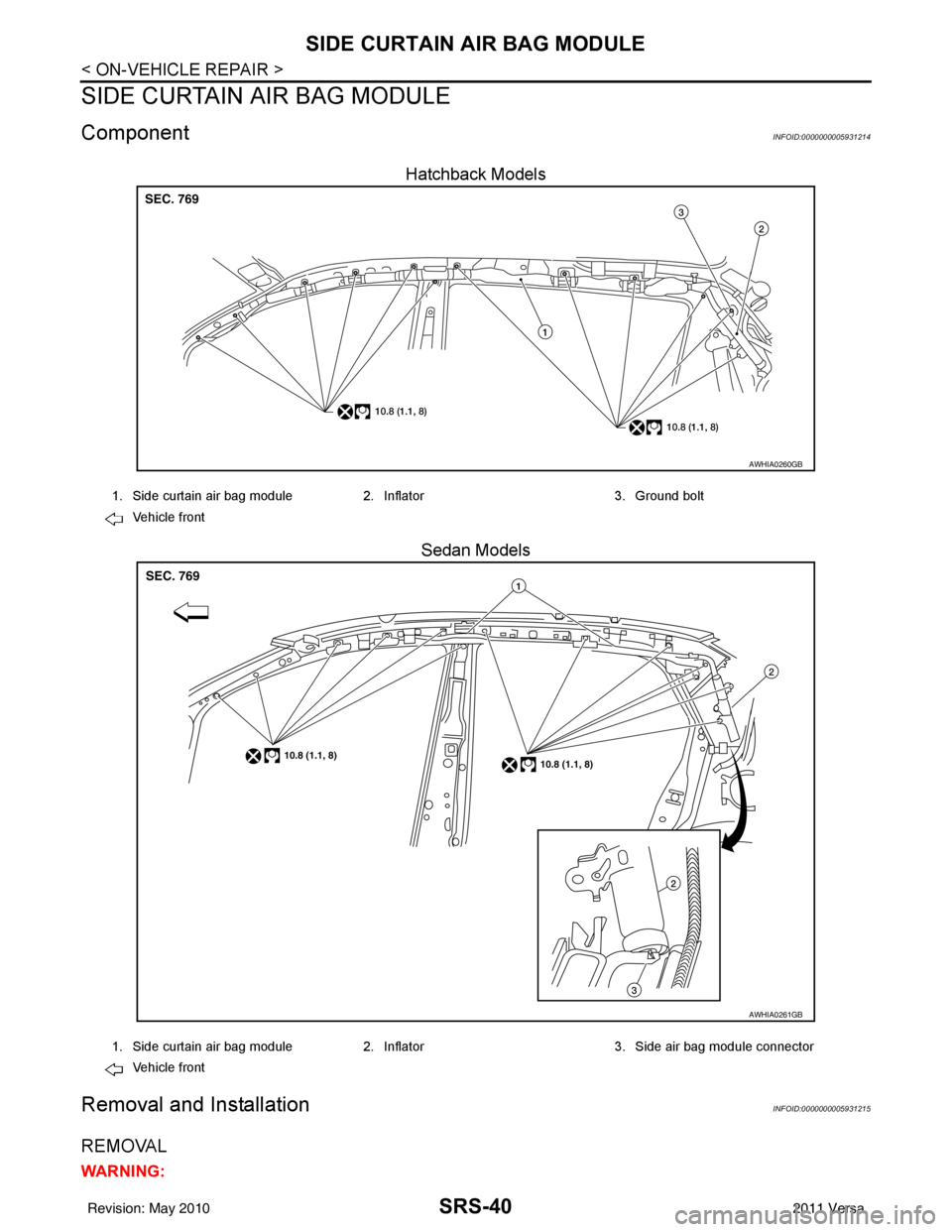 NISSAN LATIO 2011  Service Repair Manual SRS-40
< ON-VEHICLE REPAIR >
SIDE CURTAIN AIR BAG MODULE
SIDE CURTAIN AIR BAG MODULE
ComponentINFOID:0000000005931214
Hatchback ModelsSedan Models
Removal and InstallationINFOID:0000000005931215
REMOV