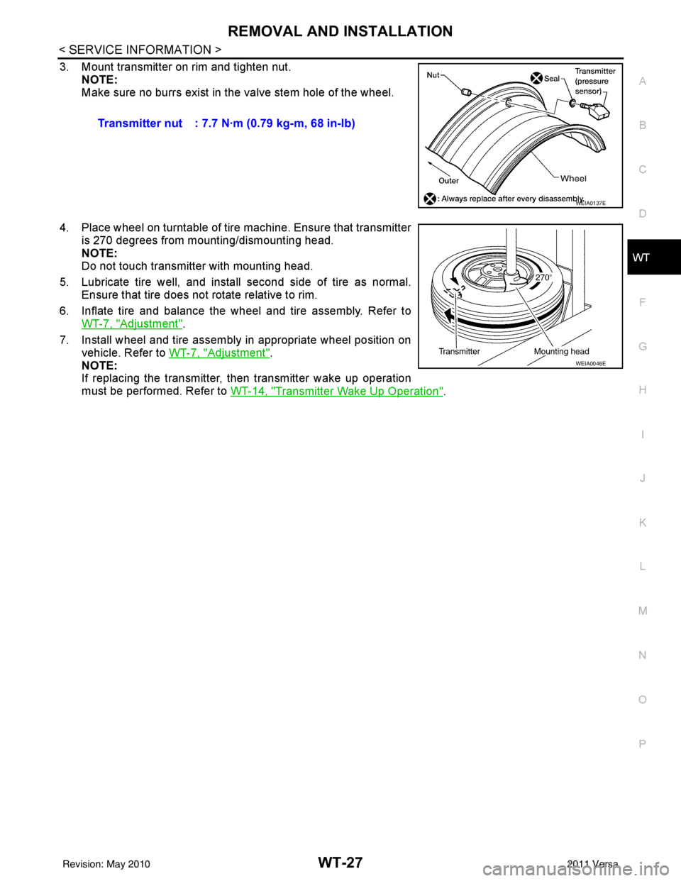 NISSAN LATIO 2011  Service Repair Manual REMOVAL AND INSTALLATIONWT-27
< SERVICE INFORMATION >
C
DF
G H
I
J
K L
M A
B
WT
N
O P
3. Mount transmitter on rim and tighten nut. NOTE:
Make sure no burrs exist in the valve stem hole of the wheel.
4