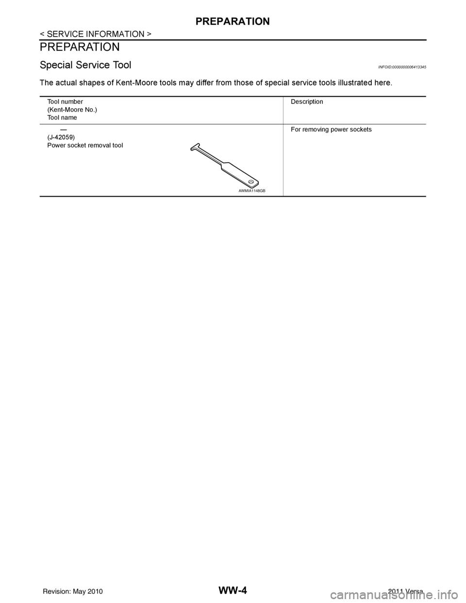 NISSAN LATIO 2011  Service Repair Manual WW-4
< SERVICE INFORMATION >
PREPARATION
PREPARATION
Special Service ToolINFOID:0000000006413345
The actual shapes of Kent-Moore tools may differ from those of  special service tools illustrated here.