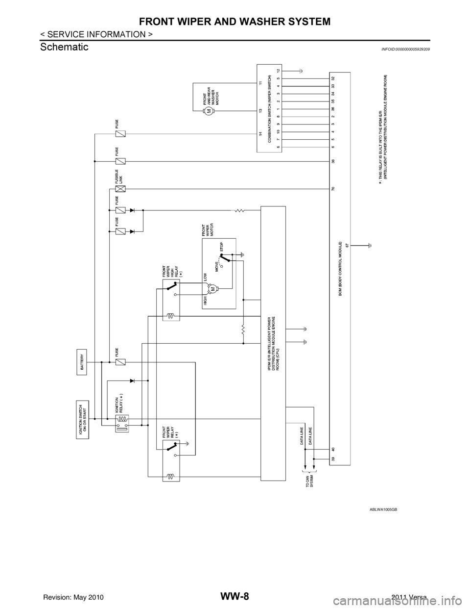 NISSAN LATIO 2011  Service Repair Manual WW-8
< SERVICE INFORMATION >
FRONT WIPER AND WASHER SYSTEM
Schematic
INFOID:0000000005929209
ABLWA1005GB
Revision: May 2010 2011 Versa 