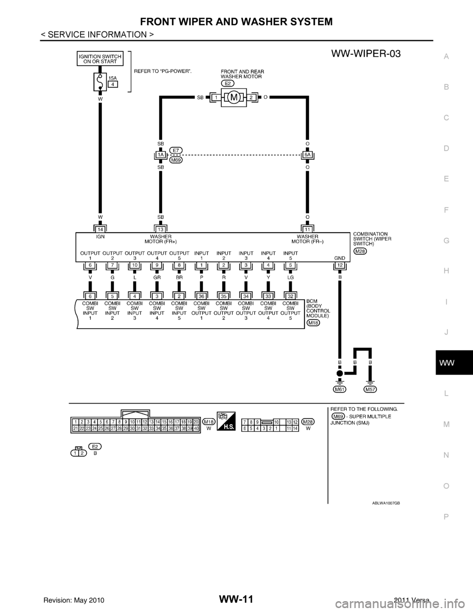 NISSAN LATIO 2011  Service Repair Manual FRONT WIPER AND WASHER SYSTEMWW-11
< SERVICE INFORMATION >
C
DE
F
G H
I
J
L
M A
B
WW
N
O P
ABLWA1007GB
Revision: May 2010 2011 Versa 