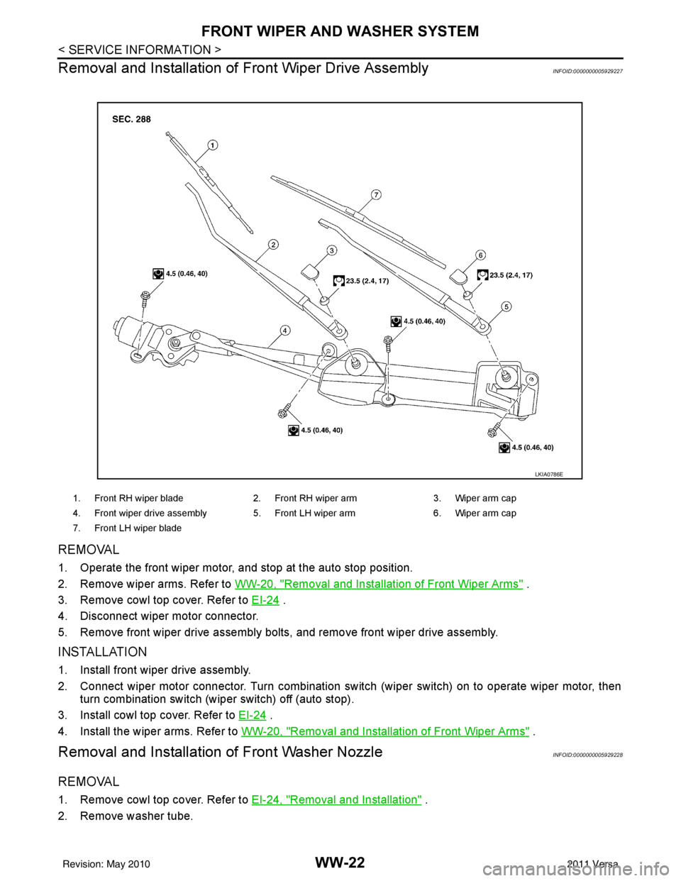 NISSAN LATIO 2011  Service Repair Manual WW-22
< SERVICE INFORMATION >
FRONT WIPER AND WASHER SYSTEM
Removal and Installation of  Front Wiper Drive Assembly
INFOID:0000000005929227
REMOVAL
1. Operate the front wiper motor,  and stop at the a