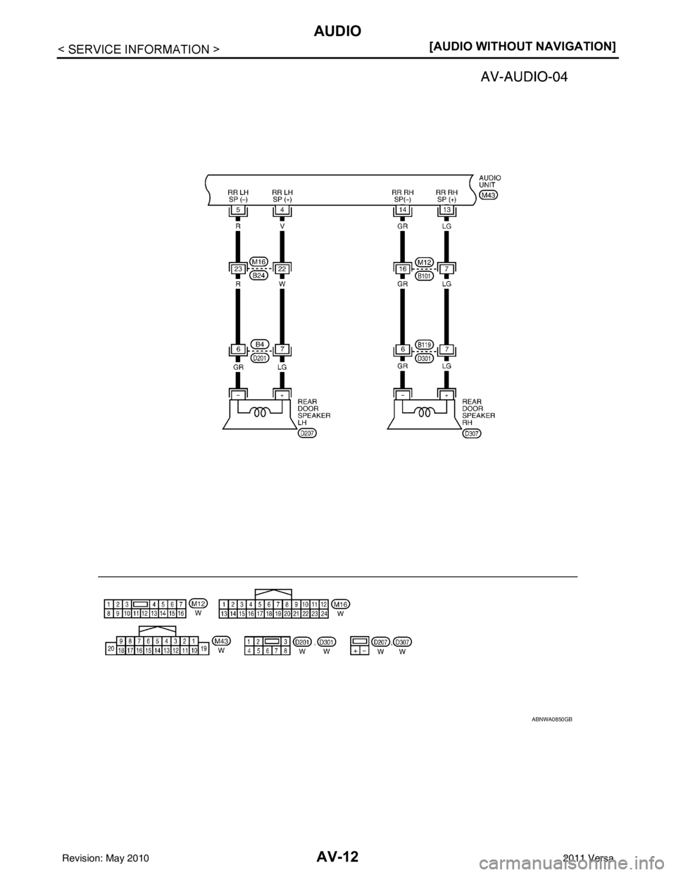 NISSAN LATIO 2011  Service Repair Manual AV-12
< SERVICE INFORMATION >[AUDIO WITHOUT NAVIGATION]
AUDIO
ABNWA0850GB
Revision: May 2010
2011 Versa 