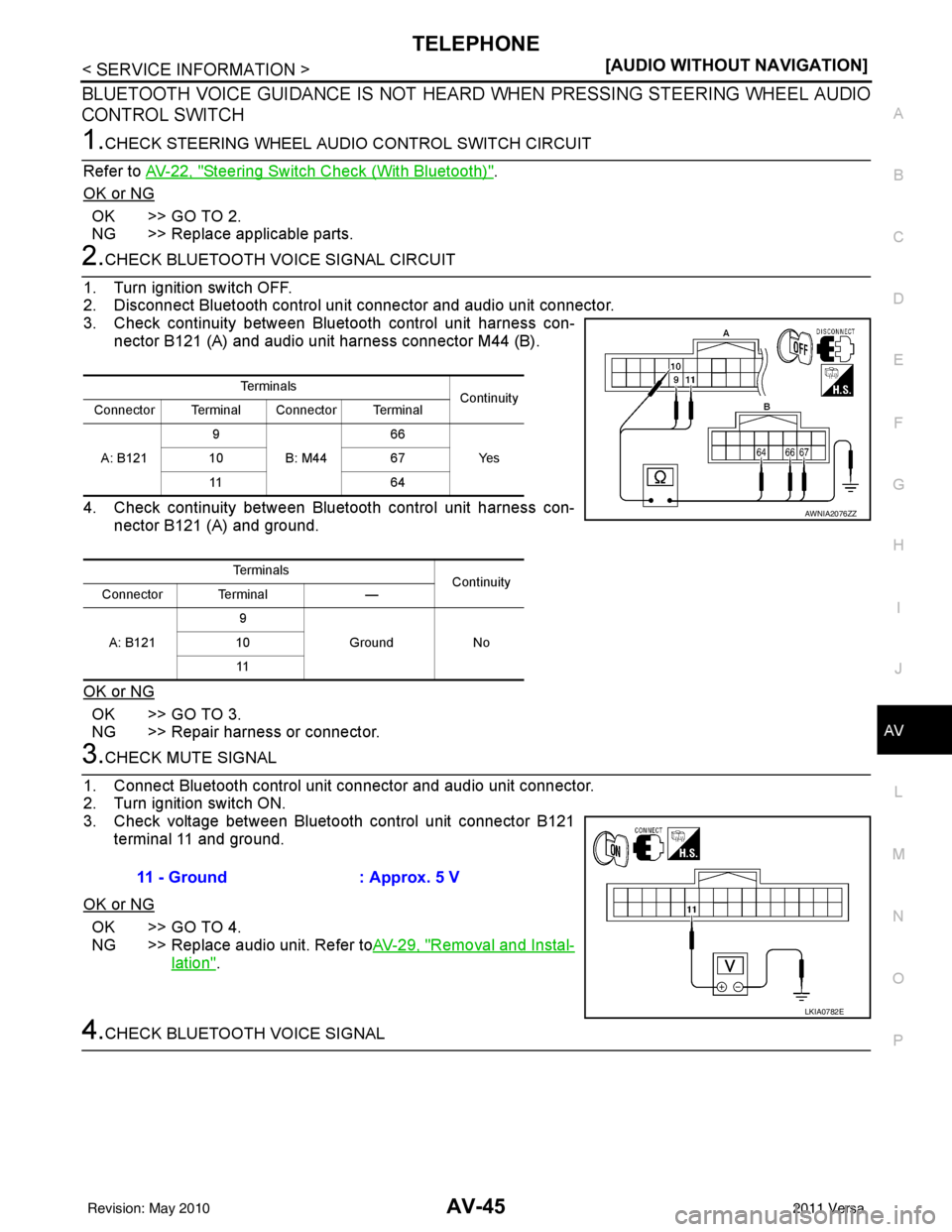 NISSAN LATIO 2011  Service Repair Manual TELEPHONEAV-45
< SERVICE INFORMATION > [AUDIO WITHOUT NAVIGATION]
C
D
E
F
G H
I
J
L
M A
B
AV
N
O P
BLUETOOTH VOICE GUIDANCE IS NOT HEARD WHEN PRESSING STEERING WHEEL AUDIO
CONTROL SWITCH
1.CHECK STEER