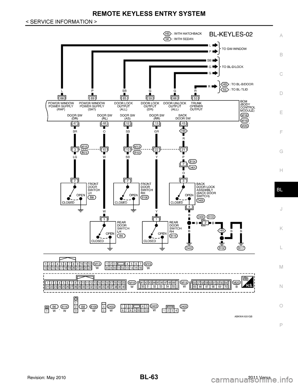NISSAN LATIO 2011  Service Repair Manual REMOTE KEYLESS ENTRY SYSTEMBL-63
< SERVICE INFORMATION >
C
DE
F
G H
J
K L
M A
B
BL
N
O P
ABKWA1051GB
Revision: May 2010 2011 Versa 