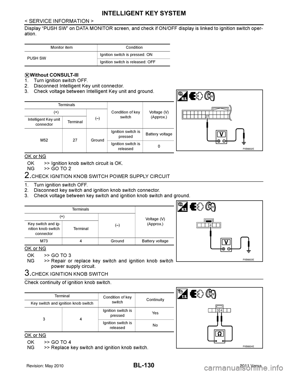NISSAN LATIO 2011  Service Repair Manual BL-130
< SERVICE INFORMATION >
INTELLIGENT KEY SYSTEM
Display “PUSH SW” on DATA MONITOR screen, and check if ON/OFF display is linked to ignition switch oper-
ation.Without CONSULT-III
1. Turn ign