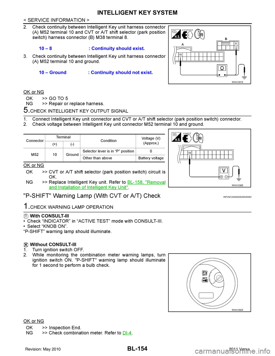 NISSAN LATIO 2011  Service Repair Manual BL-154
< SERVICE INFORMATION >
INTELLIGENT KEY SYSTEM
2. Check continuity between Intelligent Key unit harness connector
(A) M52 terminal 10 and CVT or A/T shift selector (park position
switch) harnes