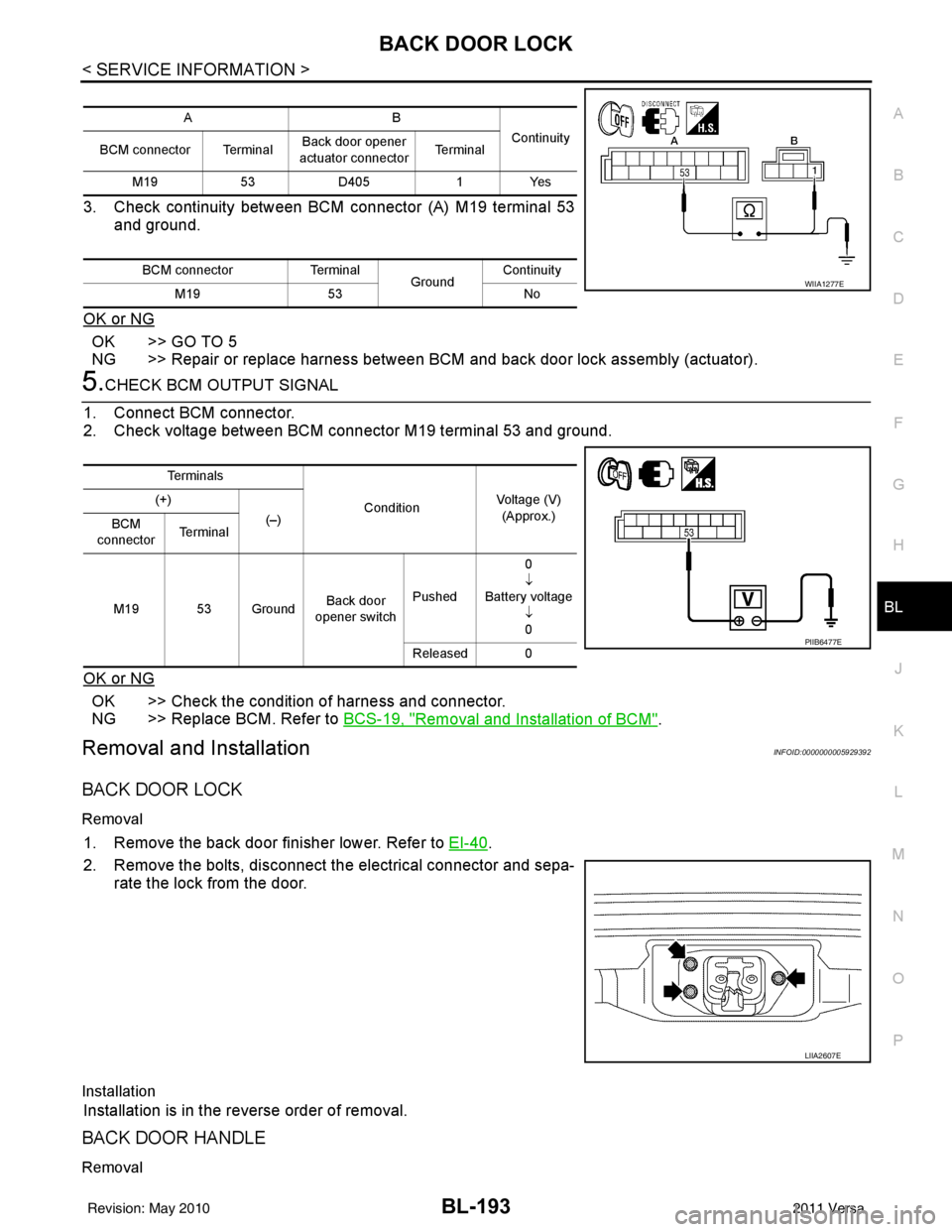 NISSAN LATIO 2011  Service Repair Manual BACK DOOR LOCKBL-193
< SERVICE INFORMATION >
C
DE
F
G H
J
K L
M A
B
BL
N
O P
3. Check continuity between BCM connector (A) M19 terminal 53 and ground.
OK or NG
OK >> GO TO 5
NG >> Repair or replace ha