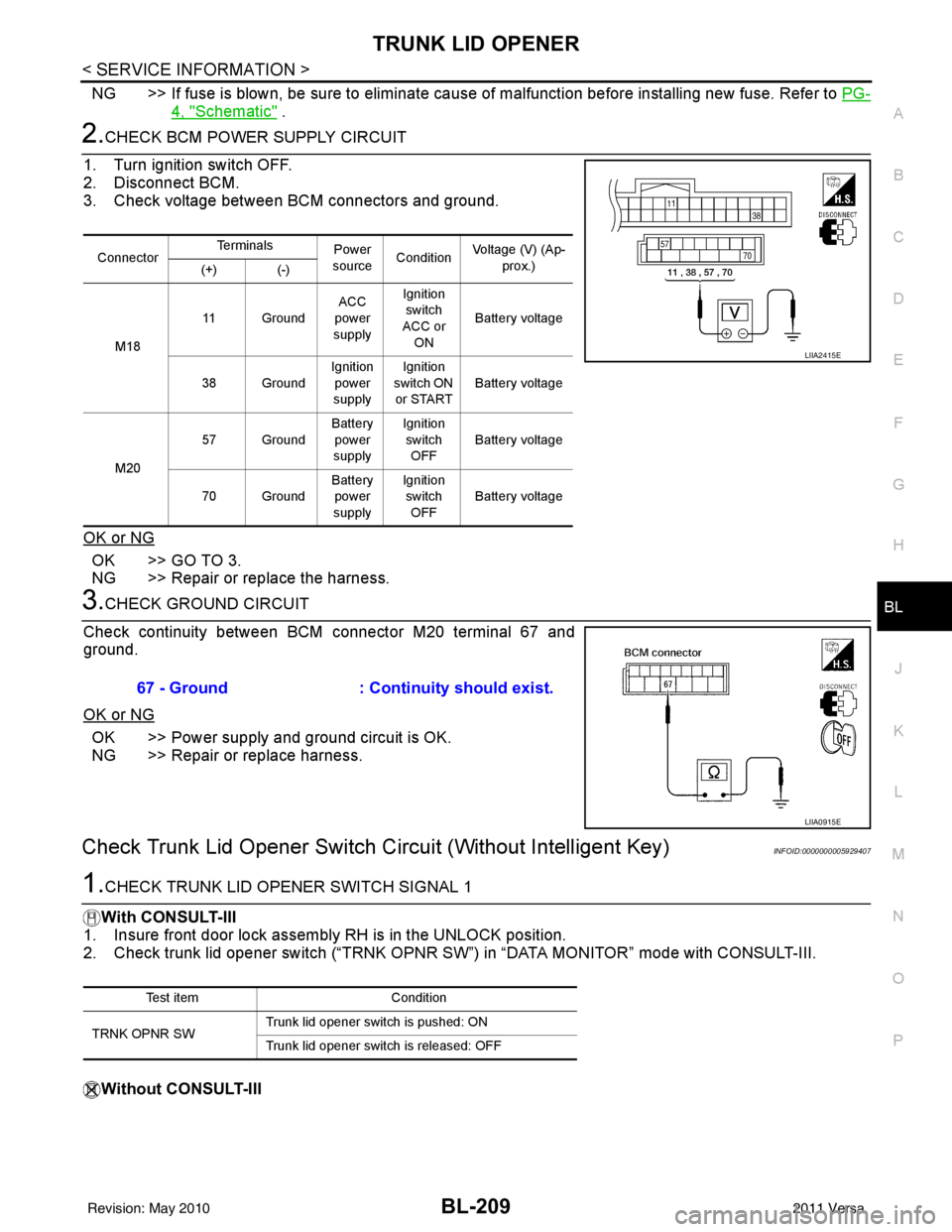 NISSAN LATIO 2011  Service Repair Manual TRUNK LID OPENERBL-209
< SERVICE INFORMATION >
C
DE
F
G H
J
K L
M A
B
BL
N
O P
NG >> If fuse is blown, be sure to eliminate cause of malfunction before installing new fuse. Refer to  PG-
4, "Schematic
